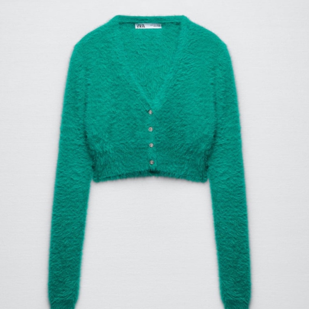 ZARA Cropped Faux Fur Knit Sweater (green/blue)